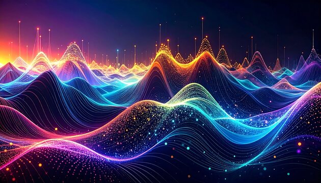 Abstract digital landscape of vibrant, glowing lines and points forming undulating waves