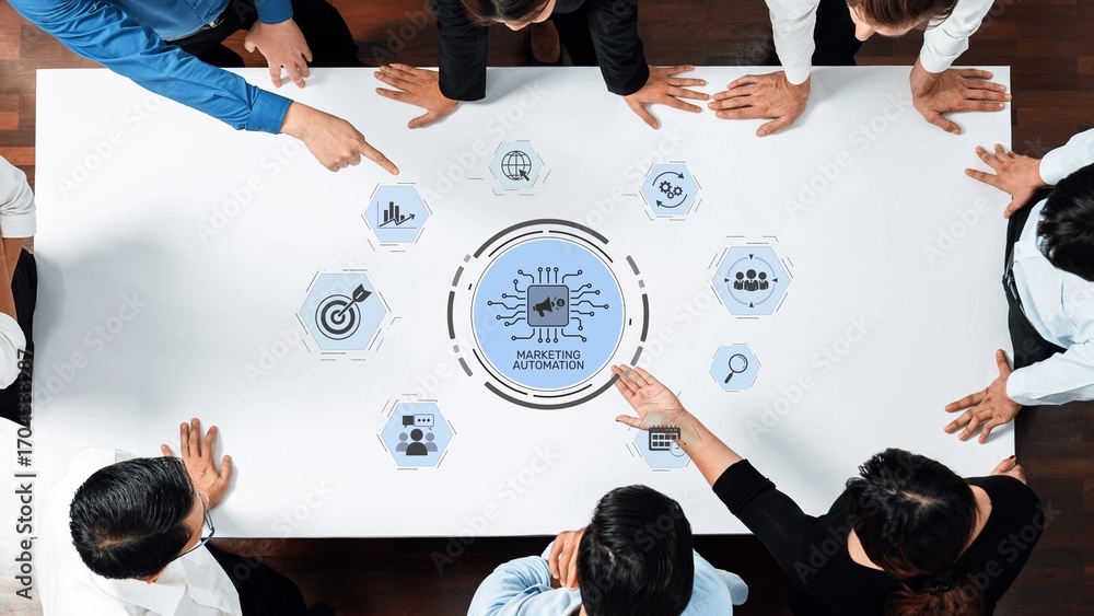 Aufkleber a diverse business team collaborates on marketing automation strategies, showcasing visual data and 