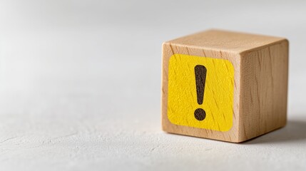 a wooden cube with a warning sign icon, An Exclamation Mark icon, Notice icon symbol, Alert safety danger caution, Notification error, and a maintenance concept. safety concept