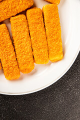 Fish stick seafood fish mince second course tasty snack fresh delicious gourmet food background on the table rustic food top view copy space pescetarian diet