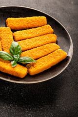 Fish stick seafood fish mince second course tasty snack fresh delicious gourmet food background on the table rustic food top view copy space pescetarian diet