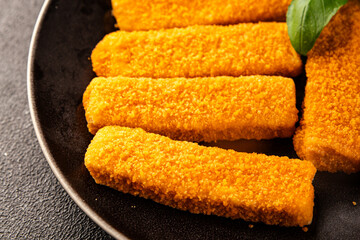 Fish stick seafood fish mince second course tasty snack fresh delicious gourmet food background on the table rustic food top view copy space pescetarian diet