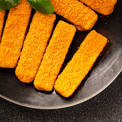 Fish stick seafood fish mince second course tasty snack fresh delicious gourmet food background on the table rustic food top view copy space pescetarian diet