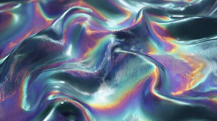 Obraz premium 3d render of an abstract background with iridescent holographic waves and wavy lines a liquid metal texture