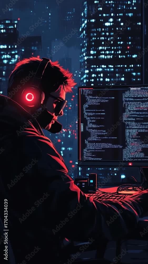 Poster captivating hacker immersed in coding within vibrant cityscape at night, surrounded by glowing scree