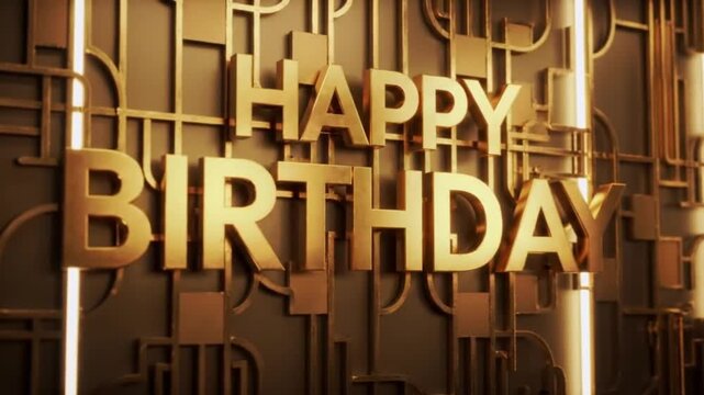 Elegant Art Deco Happy Birthday greeting card with golden 3D text and luxurious geometric background