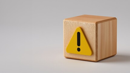 a wooden cube with a warning sign icon, An Exclamation Mark icon, Notice icon symbol, Alert safety danger caution, Notification error, and a maintenance concept. safety concept