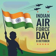 Vector art of a young boy proudly waves the indian flag with fighter jets flying in formation, commemorating indian air force day