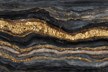 Naklejka premium Black and gold marble texture with wavy lines and glittering accents
