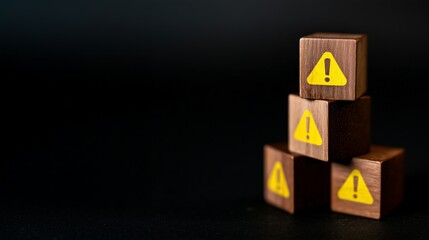 a wooden cube with a warning sign icon, An Exclamation Mark icon, Notice icon symbol, Alert safety danger caution, Notification error, and a maintenance concept. safety concept