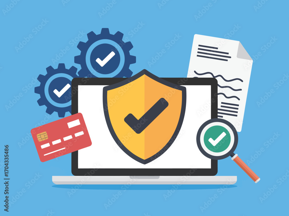 Poster secure online payment gateway with data protection shown on laptop with checkmarks and shield for sa