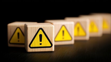 a wooden cube with a warning sign icon, An Exclamation Mark icon, Notice icon symbol, Alert safety danger caution, Notification error, and a maintenance concept. safety concept