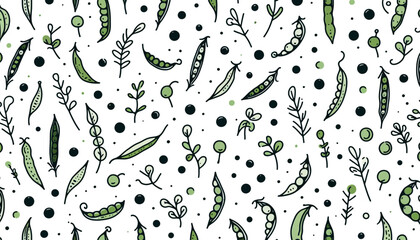 seamless peas pattern with leaves in green and black