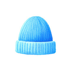 Cozy light blue knitted beanie on transparent background, cut out