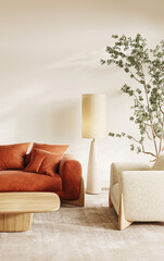 Chic Scandinavian living room featuring a terracotta sofa and sleek white floor lamp. 3d render