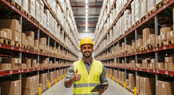 Warehouse worker in safety vest and hard hat gives thumbs up amidst tall shelves of boxes