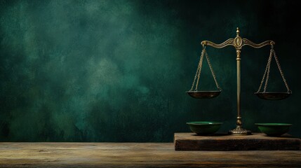 Vintage balance scales on dark green backdrop
