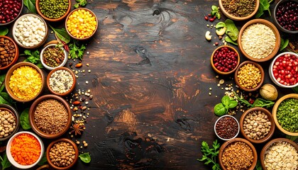 Assortment of vibrant spices and legumes in bowls on a rustic wooden background.