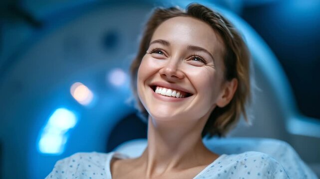 ai Cancer patient lying on treatment table under linear accelerator, external beam radiation therapy session with precise tumor targeting, CT imaging guiding radiation dose and protec