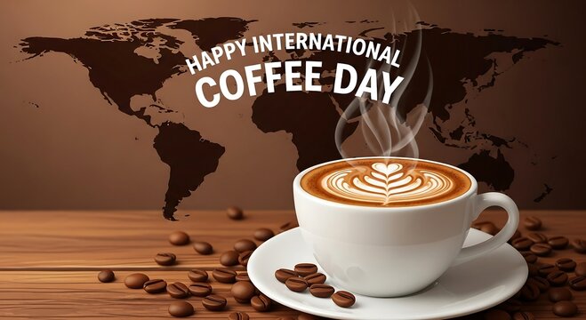 International coffee day celebration with coffee cup and world map background