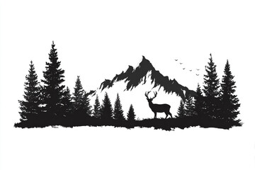 Fototapeta premium Majestic deer in a black and white mountain forest scene with birds flying