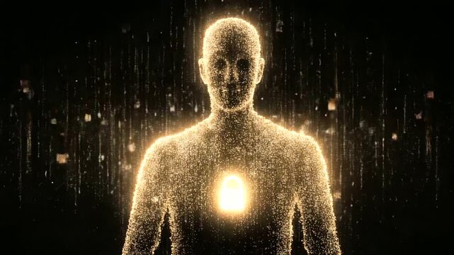 bstract concept of a human silhouette surrounded by glowing data streams, with padlock and consent icons symbolizing privacy concerns, data protection, and transparency in the dig