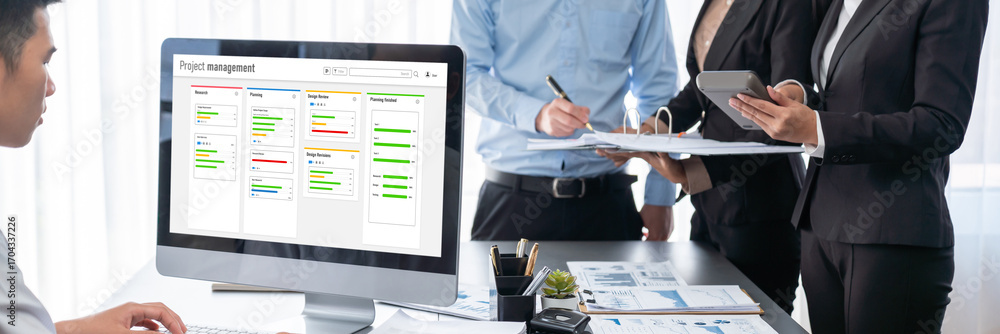 Aufkleber business intelligence and data analysis concept. analyst team working on financial data analysis das