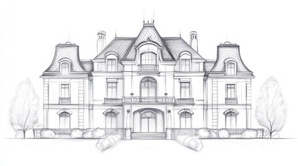 Obraz premium Classic luxury house pencil sketch architectural illustration