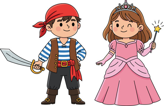 Cute children dressed as pirate and princess, kid wearing pirate costume with sword, girl in pink princess dress with magic wand, fun kids dress-up, imaginative role play for children