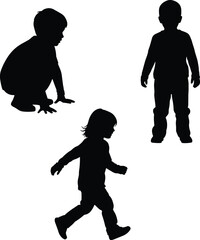 children silhouette, crouching pose, walking child, standing kid, black vector, movement illustration, white background, child posture, playful moment,