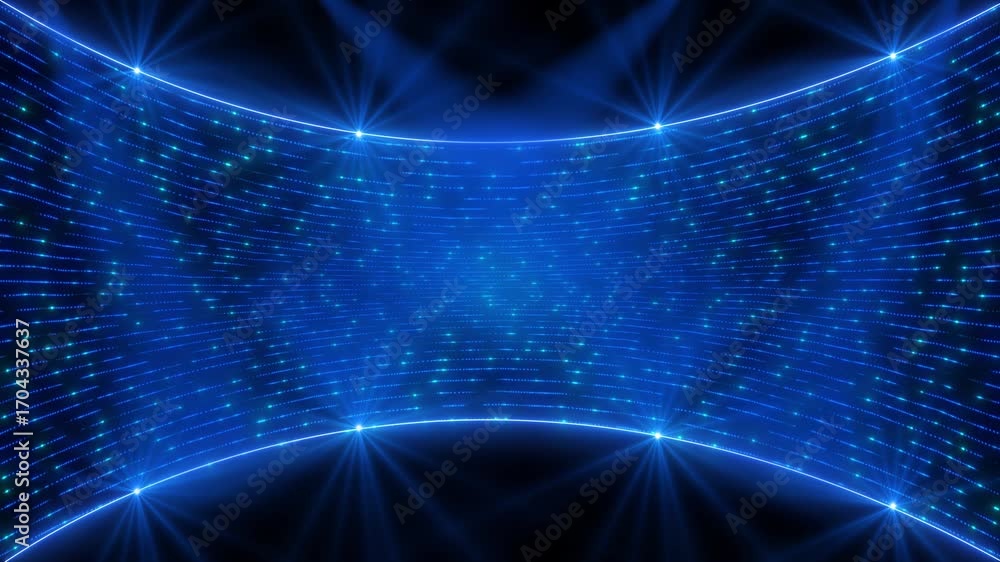 Poster dynamic blue light stage background with futuristic particle grid and spotlights