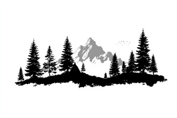 Obraz premium Majestic mountain landscape silhouette with pine trees and a tent a flock of birds flying high above
