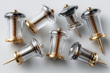 Group of decorative push pins with clear bodies and golden accents on a white surface, showcasing craftsmanship and design