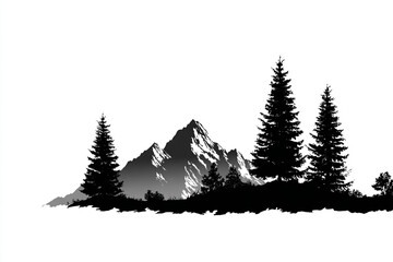 Majestic mountain range silhouetted against a white sky tall evergreen trees in the foreground a peaceful nature scene
