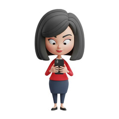 Stylized 3D illustration of a cartoon woman with short black hair intently using her smartphone, isolated on a white background