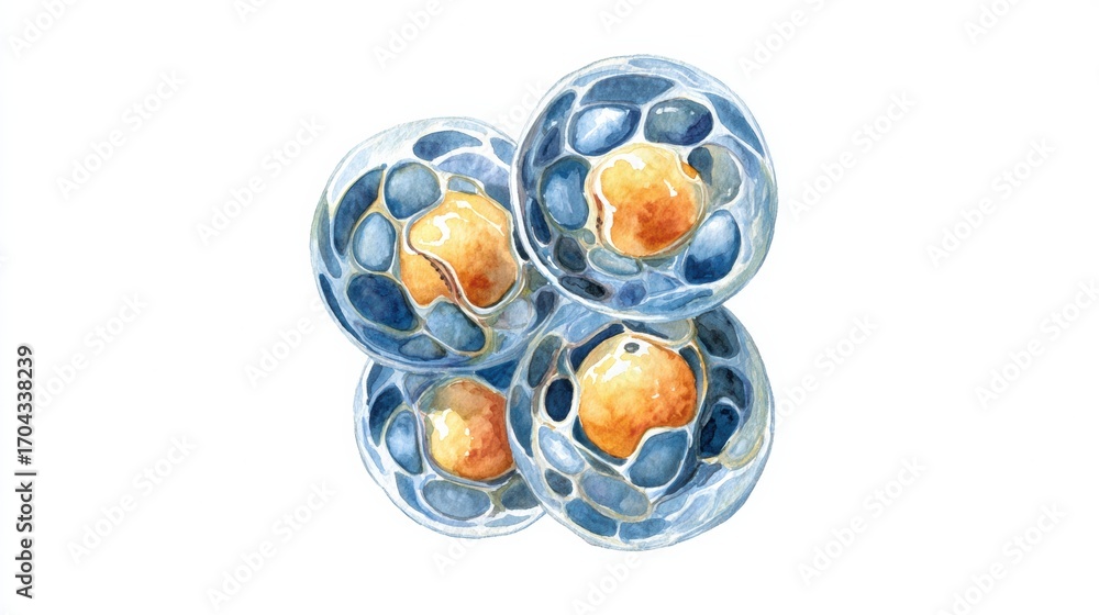 Poster scientific illustration of colored stem cells showcasing cellular structure and division process in 