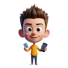 Happy 3D cartoon character holding a smartphone and credit card for online shopping. Concept of mobile banking, e-commerce, and digital payment technology on a white background