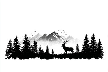 Majestic stag silhouetted against a mountain range and pine trees a tranquil nature scene