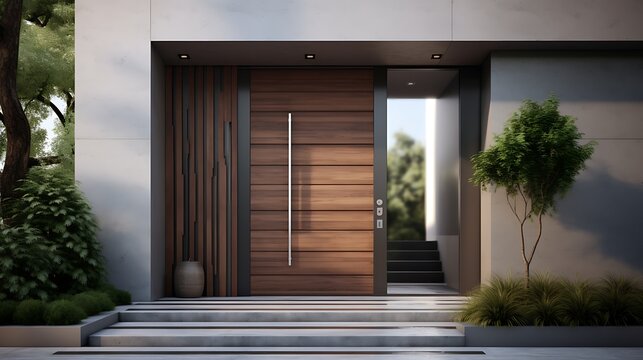 Contemporary home entrance featuring a sleek wooden door and minimalist architectural design
