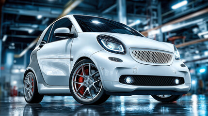 White compact car in a bright, modern industrial area