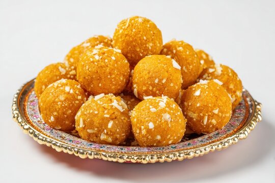Delicious Sweet Ladoo Balls in Colorful Plate, Traditional Indian Motichur