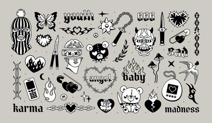 Trendy 2025 Tattoo designs collection with Y2k gothic elements. Temporary Rebellious Tattoos black and white designs. Aesthetic 2000s gothic and Y2k opium set of criminal style elements	
