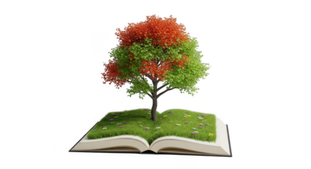 A tree grows from an open book isolated on transparent background
