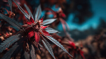 Deep red cannabis plant with vibrant leaves in natural setting
