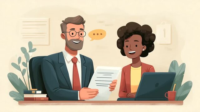 Corporate HR officer providing performance feedback to employee, office desk with documents and laptop