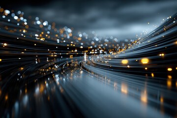 Light trails create data stream abstract background, dark blue and gold colors, high speed network data flowing