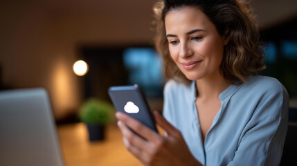 A woman uses a smartphone for cloud database backup icons of secure storage glowing her desk with a laptop and a small plant preventing cybercrime cloud technology data