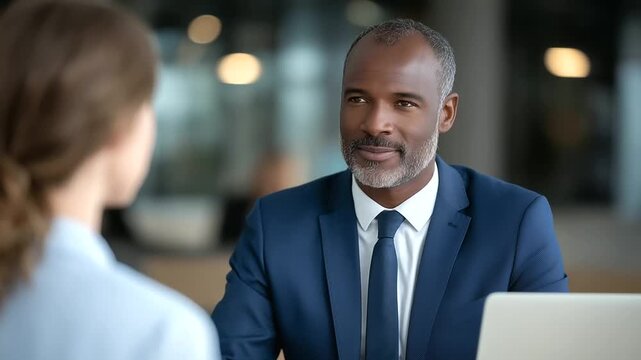 Corporate HR officer providing performance feedback to employee, office desk with documents and laptop, professional communication, supportive workplace environment. HR feedback, o