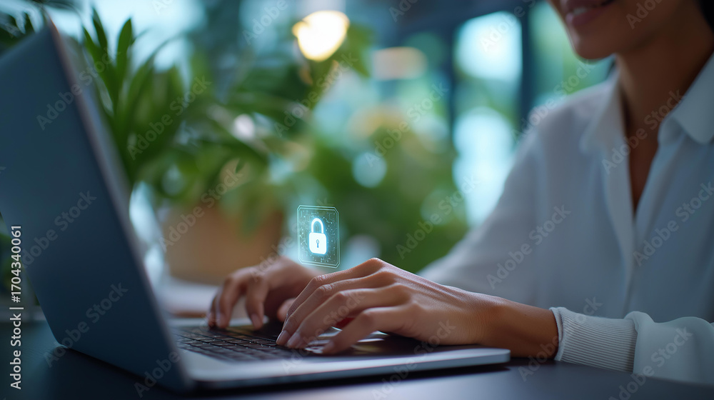 Poster A businesswoman uses a laptop with a cybersecurity interface a digital padlock securing folders her office with a secure server model and plants cybersecurity protection data
