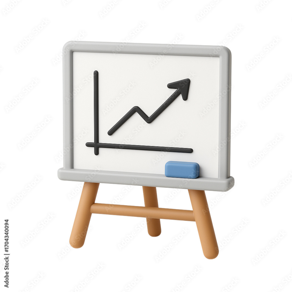 Poster 3d render of a whiteboard on an easel displaying an upward trending graph and vertical lines chart d